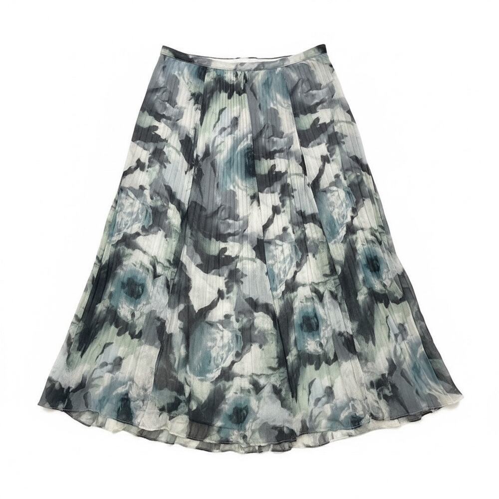 Coldwater Creek Silk Floral Watercolor Midi Skirt Blue Gray Whimsical Enchanted